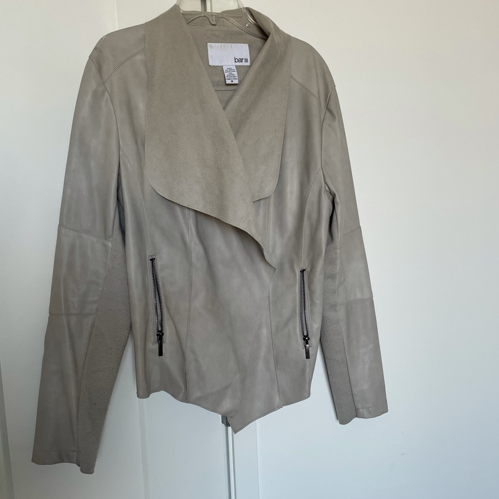(Faux leather) taupe asymmetrical leather jacket